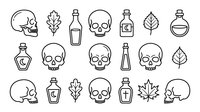 Halloween gothic line art collection with skulls bottles leaves and potion jars isolated on white background for spooky seasonal design projects.