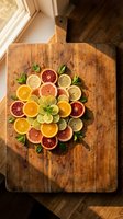 Colorful citrus fruit slices arranged in circular pattern on rustic wooden cutting board with fresh mint leaves for healthy cooking and food styling.