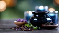 Aromatic spa composition with black ceramic pot, wooden spoons filled with dried herbs and flowers, glowing candles creating relaxing atmosphere on dark table.