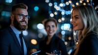 Diverse business professionals networking at evening corporate event with bokeh lights. Bearded man in glasses engaging in conversation with colleagues.