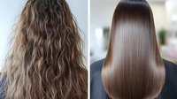 Before and after hair transformation showing curly, frizzy hair becoming smooth, straight, and glossy after professional salon treatment.