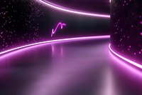Futuristic curved neon pink light trails against dark background with glowing particles create dynamic perspective for technology and gaming backgrounds.