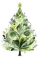 Decorative green watercolor Christmas tree made of swirling botanical elements, leaves, and branches with star on top, isolated on white background for holiday designs.