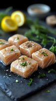 Fresh raw salmon cubes seasoned with herbs and sea salt on dark slate board, ready for sushi or sashimi preparation in restaurant kitchen setting.