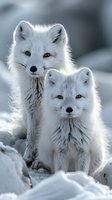 Pair of arctic foxes with white winter fur coats sitting together in snowy landscape, showcasing their amber eyes and fluffy appearance.