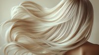 Flowing blonde hair waves against warm beige background, showcasing smooth, silky texture and natural movement in professional haircare advertising style.
