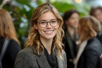 Young Caucasian businesswoman with blonde wavy hair and glasses smiling confidently at corporate event, wearing grey blazer and black top, with blurred people in background.