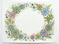 Succulent plants and ferns frame a circular empty space on white background, ideal for wedding invitations, greeting cards, and botanical design projects.