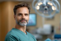 Confident mature male surgeon with gray beard wearing scrubs smiles in operating room with surgical lights and medical equipment in background.