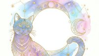 Mystical cat with celestial moon phases frame in pastel watercolor style for spiritual and esoteric design projects on white background.