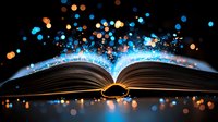 Open book with magical glowing blue light and golden sparkles emerging from pages against dark background, creating mystical reading atmosphere.
