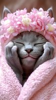 Smiling gray cat wrapped in pink towel wearing flower crown of pink and white blossoms, paws touching cheeks in cute pose. For greeting cards and social media.