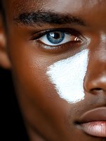 Close-up portrait of young African woman with striking blue eyes and white face paint detail on dark skin, showcasing natural beauty and artistic expression.