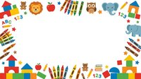 Colorful educational toys and supplies arranged in corners on white background, including blocks, lion, owl, elephant, crayons, pencils, apples, stars, numbers and letters for children learning and school projects.