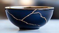 Navy blue ceramic bowl repaired with golden kintsugi technique showing elegant crack lines, traditional Japanese art of fixing broken pottery with precious metal seams.