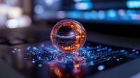 Crystal sphere on laptop keyboard reflecting city lights and digital technology with glowing blue illumination in dark environment creating futuristic atmosphere.
