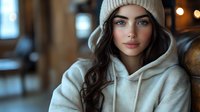 Young woman with long dark hair wearing cream beanie hat and cozy hoodie sweatshirt looking at camera with gentle smile. Soft bokeh lights create warm atmospheric mood.