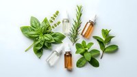 Natural herbal essential oil bottles with fresh green herbs basil rosemary mint on white background for aromatherapy wellness skincare cosmetics.