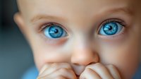 Close up macro shot of bright blue eyes and small hands covering mouth, showing innocence and curiosity in soft focus with blurred background.