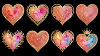 Decorative watercolor hearts with gold ornamental details, isolated on transparent background. Great for Valentine's Day clipart, stickers, t-shirt design, and print on demand.
