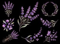 Lavender flower set with bouquets, branches, wreath and butterfly, isolated on transparent background, ready for stickers, t-shirt design, and print on demand.