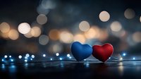 Two heart decorations, red and blue, on reflective surface with soft bokeh lights and glowing string lights creating romantic atmosphere. Love concept background.