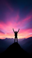 Silhouette of person standing on mountain peak with raised arms against dramatic purple and pink sunset sky, expressing freedom and achievement.