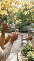 Young woman blowing soap bubbles outdoors in autumn garden wearing cozy sweater creating magical moments of joy and playfulness in warm sunlight.