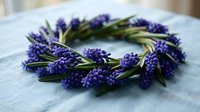 Purple grape hyacinth flowers arranged in circular wreath on white linen fabric. Spring floral decoration for home decor, crafts and seasonal celebrations.
