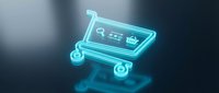 Digital shopping cart hologram with glowing cyan neon outline floating in dark space representing e-commerce, online retail and digital marketplace technology.