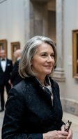 Elegant senior woman with gray hair in black formal attire at museum gallery event with classical columns and artwork in background.