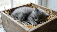 Gray tabby kitten sleeping peacefully in rustic wooden box with straw bedding. Adorable newborn cat resting in cozy nest for pet care and animal welfare content.
