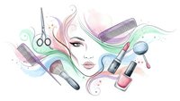 Young woman face surrounded by hairdressing tools scissors combs brushes lipstick in pastel watercolor style for salon beauty industry promotional materials.