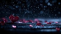Red heart shapes scattered on dark glittery surface with bokeh lights and sparkles creating romantic Valentine's day atmosphere against black background.