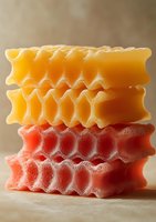 Stacked colorful kitchen sponges in yellow and pink showing texture and waves pattern on brown background, macro photography for cleaning and household concepts.