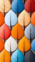 Colorful autumn leaves pattern in modern minimalist style with red, orange, blue and white tones creating seamless geometric arrangement on gray background.