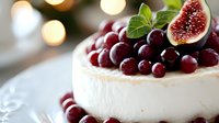 Fresh cheesecake topped with ripe cranberries and sliced fig garnished with mint leaf on white plate, soft bokeh background creates festive mood.