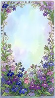 Watercolor floral border with purple, blue, and pink flowers in art nouveau style, gold swirl accents, soft pastel background, copy space center.