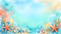 Watercolor underwater ocean frame with starfish, shells and coral elements creating decorative border on textured aqua background for marine themed designs.