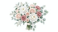 Wedding bouquet with blush pink roses, white peonies and eucalyptus leaves isolated on transparent background for bridal design and romantic decor projects.