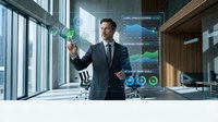 Professional businessman in suit interacting with holographic data visualization and charts in modern office environment for business analytics presentations.