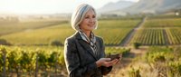 Mature Caucasian businesswoman using smartphone in vineyard during golden hour sunset with agricultural landscape background for wine industry marketing.