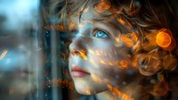 Ethereal portrait of young woman with glowing orange light effects and blue bokeh, artistic double exposure creating dreamy atmospheric mood for creative projects.
