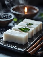 Handmade soap bars with fresh mint leaves on black ceramic plate, burning candle and aromatic smoke in dark moody setting for spa and wellness concept.