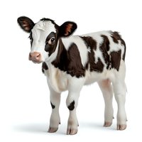 Young Holstein calf with brown and white spotted coat standing on white background, isolated cutout for agricultural and farming design projects.