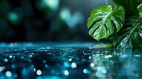 Monstera leaves over reflective water surface with magical bokeh lights in dark turquoise background creating dreamy tropical atmosphere. Great for wellness designs.