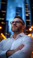 Confident businessman with glasses and beard against urban evening backdrop with bokeh lights. Professional portrait showcasing leadership and success.