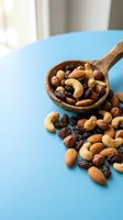 Mixed nuts and dried fruits spilling from wooden spoon on blue surface for healthy snacking and nutrition concepts.