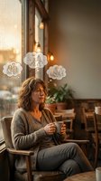 Middle-aged woman sitting in cozy cafe holding coffee cup with thought bubbles showing family memories and dreams above her head on rainy day.