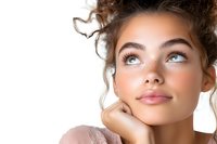 Young Mediterranean woman with natural makeup, curly hair, and dreamy expression looking up while resting chin on hand against white background.